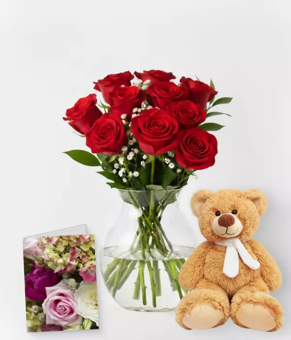 Ten Red Roses, Card & Teddy