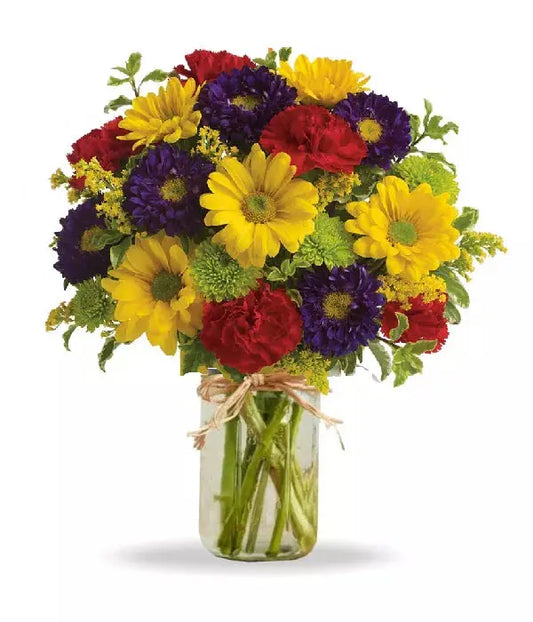 Hooray Bouquet In Mason Jar Mixed Cheerful Flowers From You Flowers Aus