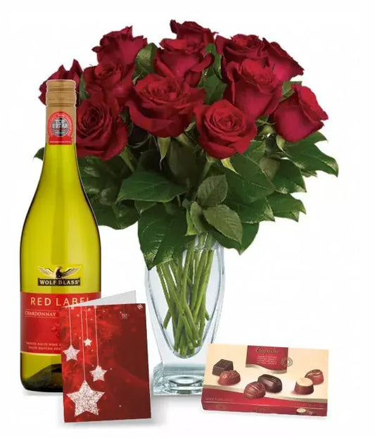 12 Red Roses, Chocolates, Card & Wine - From You Flowers Aus