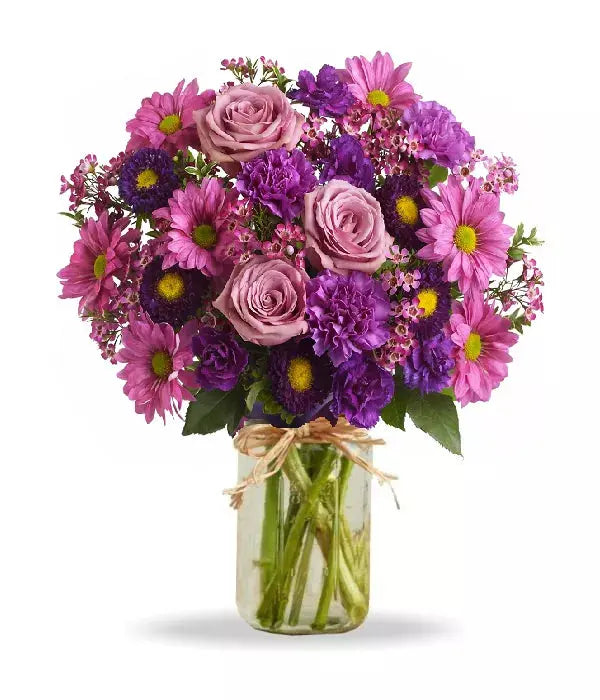 Love & Laughter In Mason Jar Mixed Purple Bouquet From You Flowers Aus