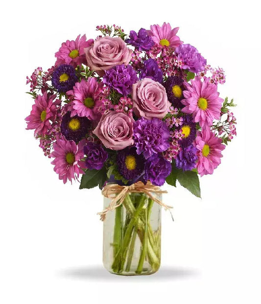 Love & Laughter In Mason Jar Mixed Purple Bouquet From You Flowers Aus