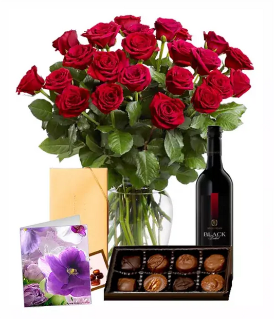 24 Red Roses, Chocolates, Card & Wine - From You Flowers Aus