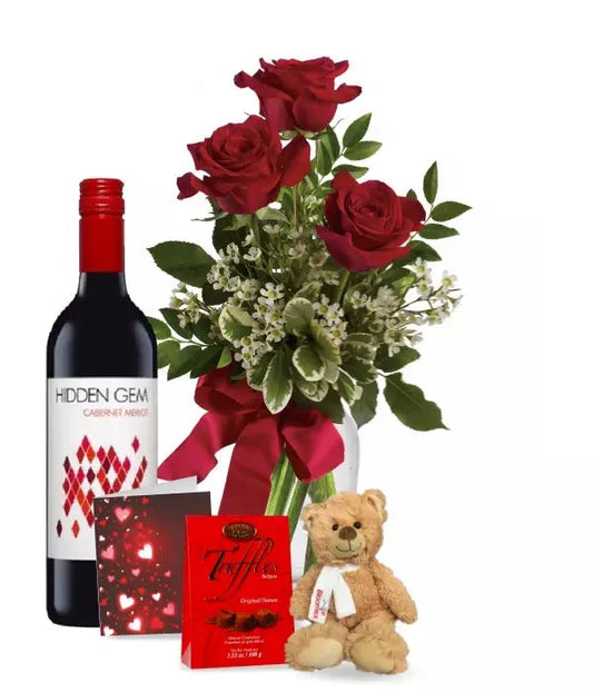 3 Red Roses and Red Wine Combo - From You Flowers Aus