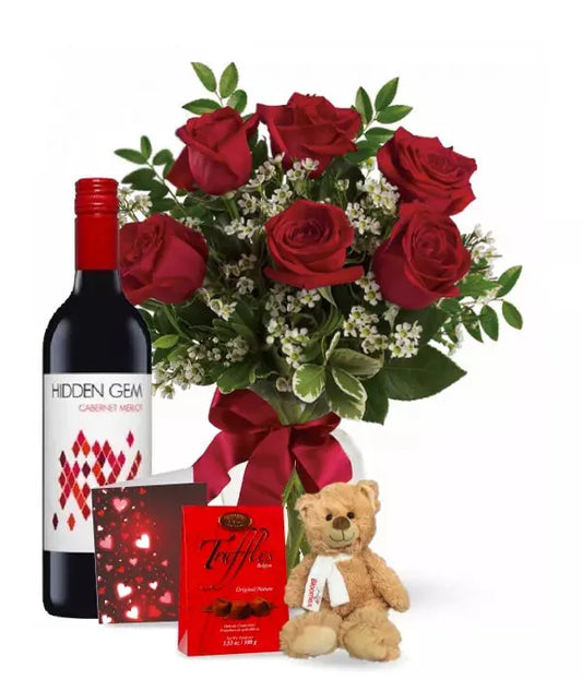 6 Red Roses and Red Wine Combo - From You Flowers Aus