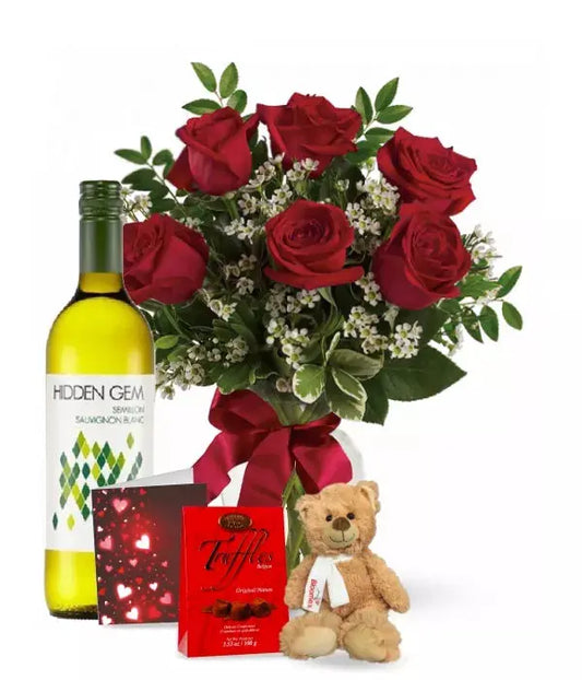 6 Red Roses and White Wine Combo - From You Flowers Aus