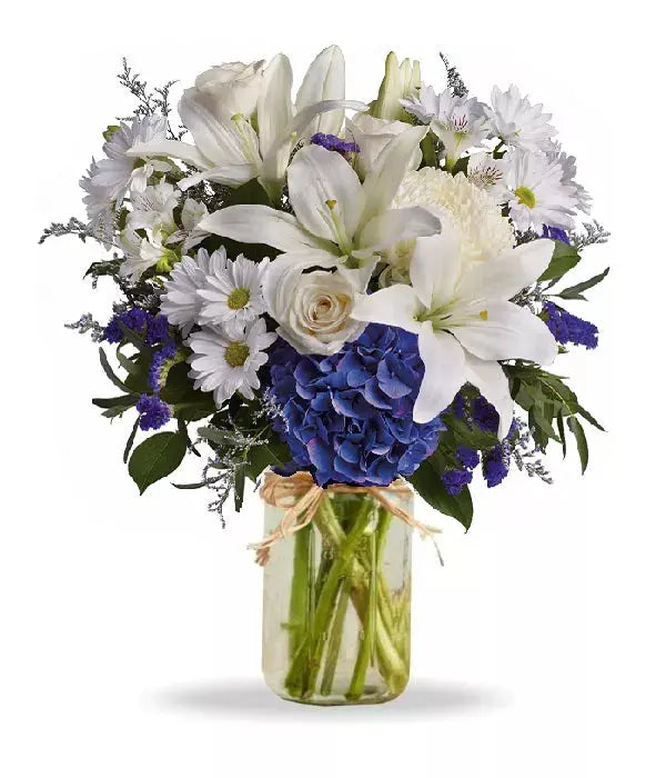 Beautiful In Blue Bouquet In Mason Jar From You Flowers Aus