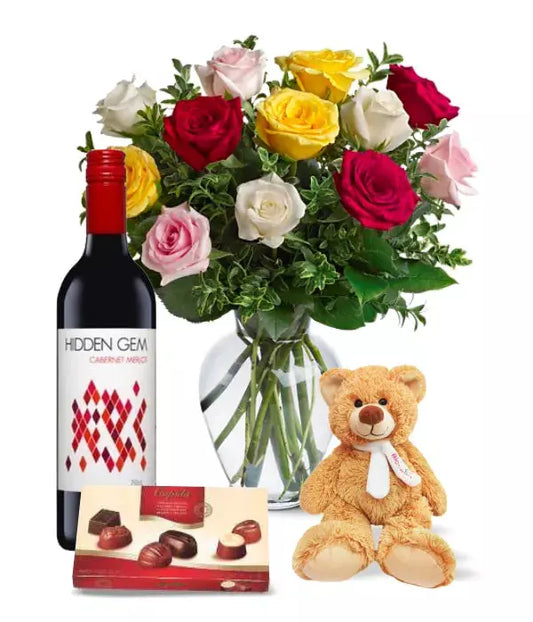 Down Under Birthday Dozen Rose Bouquet with Wine