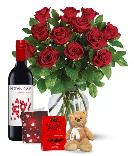 Dozen Red Roses and Red Wine Combo - From You Flowers Aus