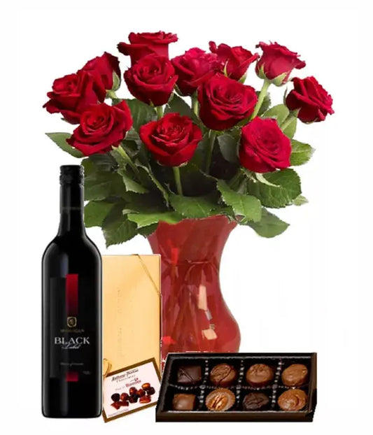 Dozen Roses, Vase, Chocolates & Wine - From You Flowers Aus