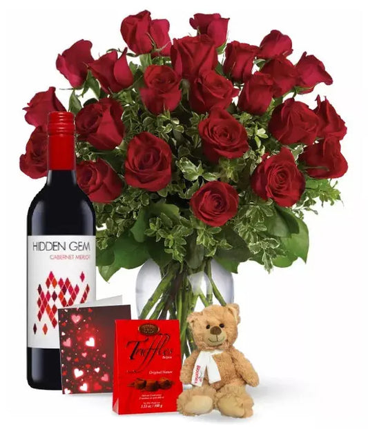 Two Dozen Red Roses and Red Wine Combo - From You Flowers Aus