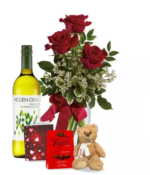 3 Red Roses And White Wine Combo From You Flowers Aus