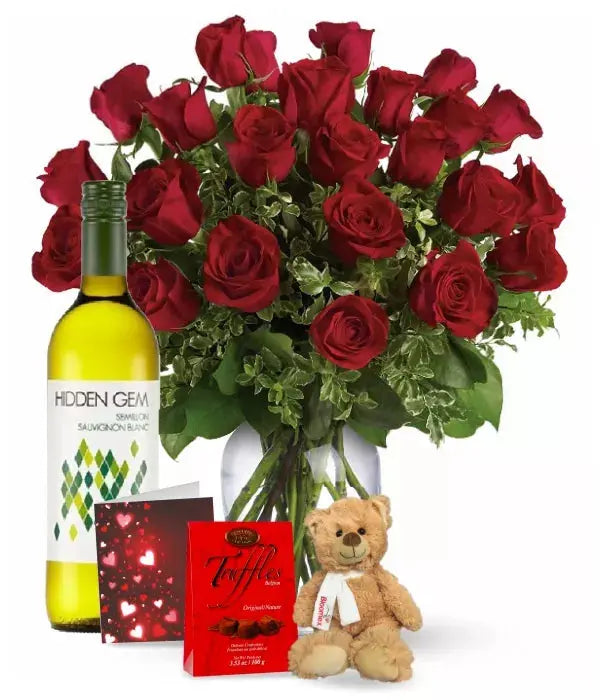 24 Red Roses and White Wine Combo From You Flowers Aus
