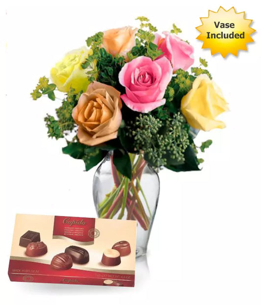 6 Assorted Roses, Vase & Chocolates